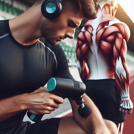 En atlet som bruker en massasjepistol før en konkurranse eller trening, med fokus på muskelforberedelse. Bilde 4 av 4